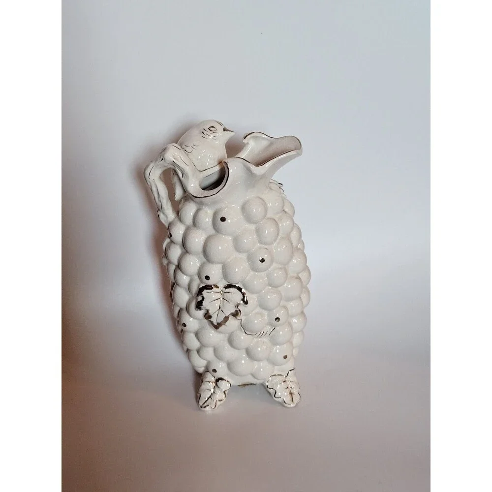 Vintage Gold White Tilso Japan Bird Grape Fruit Ceramic Pitcher Urn